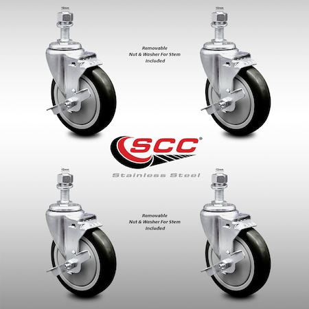Service Caster 5 Inch SS Black Polyurethane Swivel 12mm Threaded Stem Caster Set Brake SCC SCC-SSTS20S514-PPUB-BLK-TLB-M1215-4